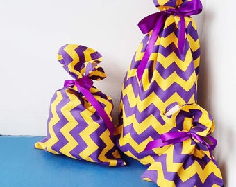 Bright Gift Bag with Ribbon, Chevron Reusable Wrap, Purple Yellow Wrapping, Handmade Birthday Present for Boys, Eco Friendly Party Bag