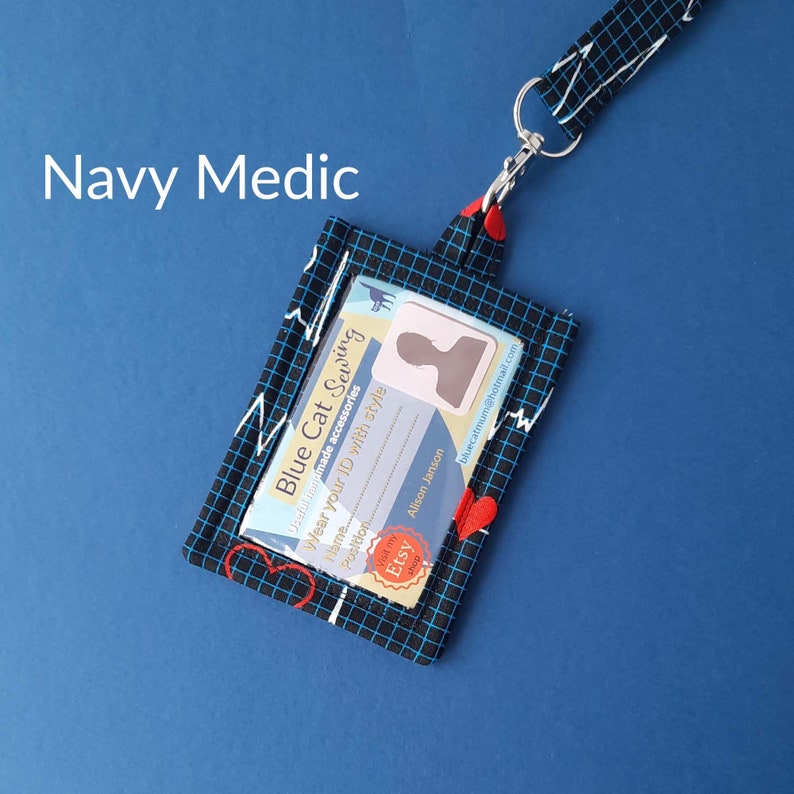 Handmade ID Lanyard Badge Holder, Medical Student Lanyard, Alice Wonderland Card Holder, Gift for Teacher, Breakaway Lanyard Navy Medic