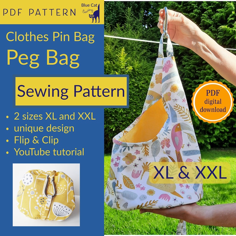 PDF Sewing pattern for a peg bag (clothespin bag). The photo shows an XXL peg bag held in a woman's hand to show scale. It is a conical shape with a large hole for your hand to fit in. There are 2 sizes Extra Large & XXL and a YouTube tutorial.