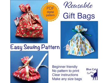 Reusable Gift Bag Sewing Pattern, Easy Beginners Sewing Project, Xmas Wrapping, PDF Printable Instructions, Digital Download