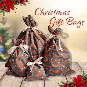 Sac cadeau de Noël réutilisable avec ruban, emballage cadeau en tissu renard de Noël, emballage cadeau durable, sac de fête écologique fait main