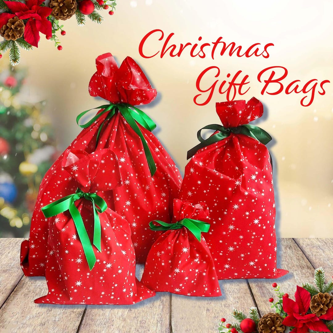 Christmas Gift Bag With Ribbon, Reusable Fabric Gift Wrap, Xmas