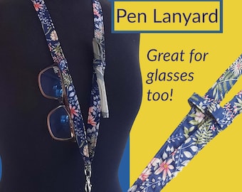 Navy Floral Teacher Lanyard: Pen & Glasses Holder, Breakaway Clasp