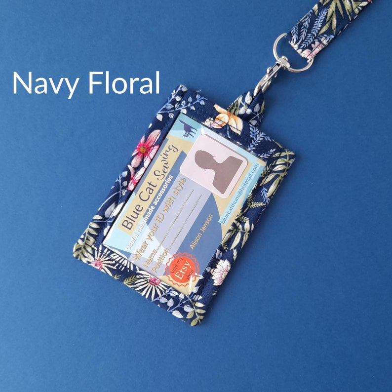 Handmade ID Lanyard Badge Holder, Medical Student Lanyard, Alice Wonderland Card Holder, Gift for Teacher, Breakaway Lanyard Navy Floral