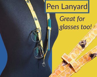 Bee Lanyard with Pen & Glasses Loops: Yellow Cotton Teacher Nurse Gift