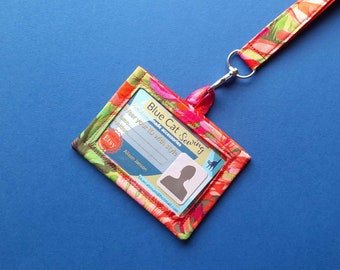 Pretty ID Holder, Kaffe Fassett Cotton, Handmade Teacher Gift, Lanyard for Her, Fabric Name Badge, Floral ID Case, Vertical Name Badge