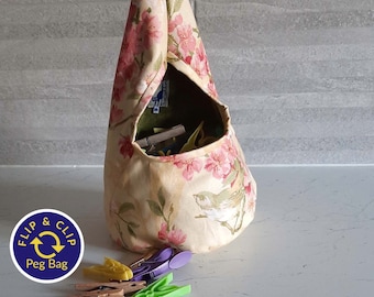 Vintage Floral Storage Bag, Clothespin Peg Organiser, Laundry Room Accessories, Fold Over Fabric Basket, Bird Lover, Hanging Pouch