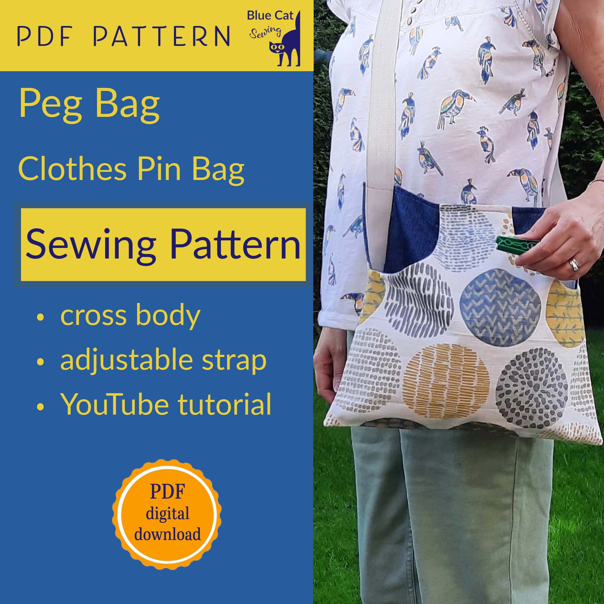Peg Bag Sewing Pattern PDF Cross Body Bag Clothes Pin Bag Large Shoulder Bag Peg Holder Printable Pattern Digital Download DIY Etsy UK