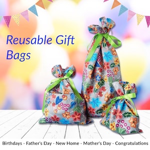 Sac cadeau floral avec ruban, emballage cadeau réutilisable, cadeau d'anniversaire rétro pour sœur, sac de fête écologique fait main pour filles