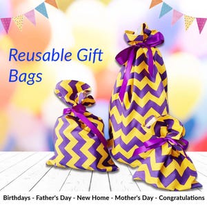 Pochette cadeau avec ruban, Emballage réutilisable coloré, Emballage jaune violet, Cadeau d'anniversaire fait main pour garçon, Sac de fête écologique