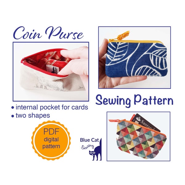 Women's Coin Purse sewing pattern, Beginners Sewing Project, Small Zipper Wallet, Cash Pouch, PDF instant download, Gift for Mother's Day