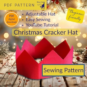 Puede incluir: Patrón de costura PDF para un gorro de cracker de Navidad rojo. El patrón incluye instrucciones para un gorro ajustable y un tutorial de YouTube. El patrón es fácil para principiantes.