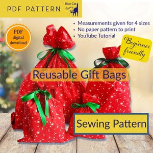 Gift Bag PDF Sewing Pattern, Easy Beginners Sewing Project, Handmade Reusable Xmas Wrapping, Printable Instructions, Digital Download