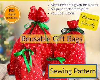 Geschenktüte PDF Schnittmuster, einfach Anfänger Nähprojekt, wiederverwendbare Weihnachtsverpackung, druckbare Anleitung, digitaler Download