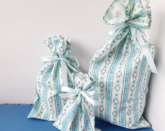 Fabric Gift Bag with Ribbon, Pretty Aztec Reusable Gift Wrap, Turquoise Birthday Present for Her, Sustainable Handmade Eco Friendly Wrapping