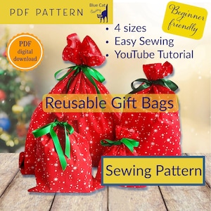 Geschenktüte PDF Schnittmuster, einfach Anfänger Nähprojekt, wiederverwendbare Weihnachtsverpackung, druckbare Anleitung, digitaler Download