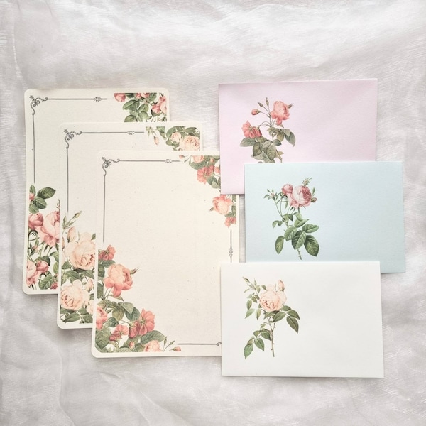 Sweet Roses Letter Writing Set ~ Envelopes + Writing Paper ~ Vintage Roses ~ Pen Pal Supplies ~ Handmade Stationery - C6 Envelopes, A5 Paper