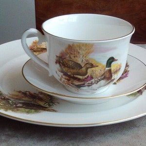May include: A white teacup and saucer set with a gold rim. The teacup features a nature scene with two ducks and a floral design. The saucer has a similar design with a duck and floral pattern.