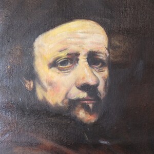 May include: A close-up portrait painting of a man with a dark background. The man has a light complexion and is wearing a dark hat. His eyes are looking directly at the viewer.