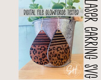 May include: Wooden teardrop earrings with a leopard print and striped design. The earrings are laser cut and feature gold-colored ear wires. The text "DIGITAL FILE GLOWFORGE TESTED" is visible.