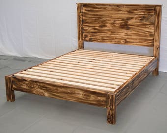 Torched Farmhouse Platform Bed with Headboard - Solid Wood/Handcrafted in the Midwest/Free Shipping/Twin