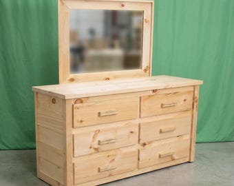 Solid Wood Dresser with Mirror ~ 6 Dovetail Drawers | Unfinished | Amish Handcrafted in USA | DIY | Midwest Farmhouse Furniture