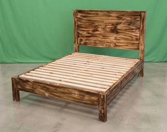 Handmade Platform Bed Frame with Headboard ~ Twin ~ Torched | Solid Wood | Amish Handcrafted in USA | Midwest Farmhouse