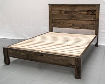 Rustic Farmhouse Platform Bed with Headboard - Queen - Solid Wood/Handcrafted in the Midwest/Free Shipping