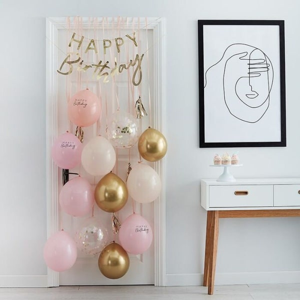 Joyeux anniversaire Ballon Porte Kit Pink Gold White Peach Banner Bunting Garland Girl Party Decorations Tissue Confetti Ribbon