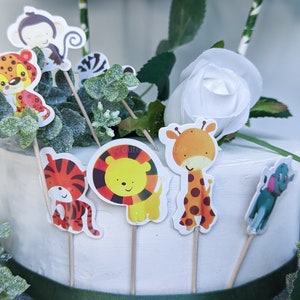 Jungle Animals CupCake Toppers x 14 Decoraciones de surtido Panaderos Safari Girrafe Elefante Tigre Cumpleaños León Mono Cebra Cumpleaños salvaje