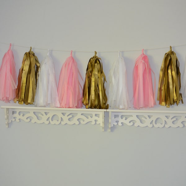 DIY kit Tassel Garland, Gold Tissue Paper, White, Pink Tassel, Princess, Birthday, Party, Engaged, Decor, Garland, Banner, gender reveal