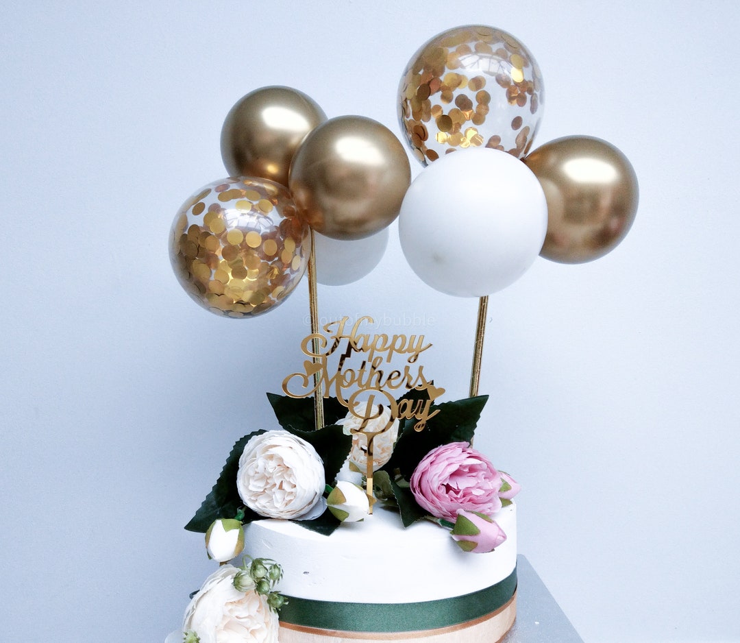 Gold Balloon Cake Topper Confetti, Happy Birthday Topper, Flower ...