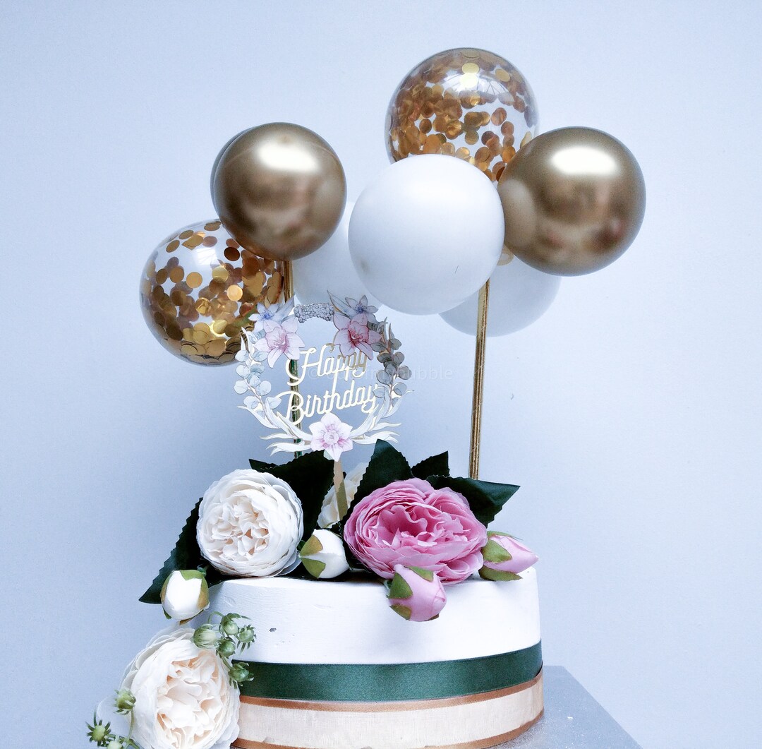 Gold Balloon Cake Topper Confetti, Happy Birthday Topper, Flower ...