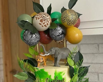 Balloon Cake Topper Garland Boys Happy Birthday Cake Baby One Mustard Safari jungle Tropical Animal Print Zebra Eucalyptus Green Eucalyptus