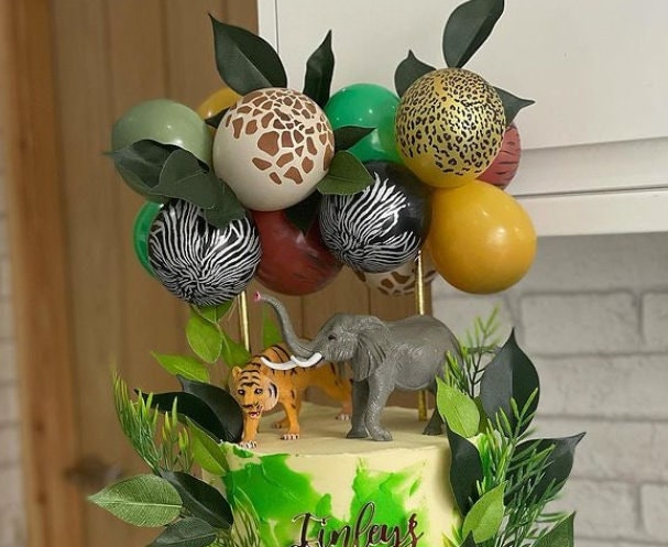 Balloon Cake Topper Garland Boys Happy Birthday Cake Baby One Mustard Safari jungle Tropical Animal Print Zebra Eucalyptus Green Eucalyptus