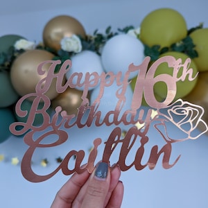 Tarjeta de oro rosa para decoración de tarta, edad de oro 16, nombre personalizado, flor rosa, feliz cumpleaños, plata 21, 50, cartulina DIY
