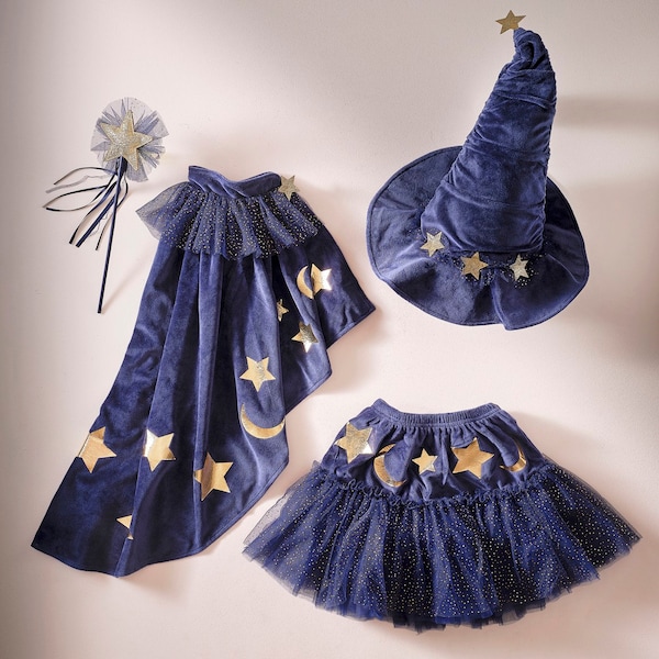 Costume de sorcier en velours bleu marine jupe tutu cape chapeau baguette Halloween