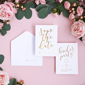 Reserva la fecha Fiesta de novias Decoraciones doradas Invitaciones para despedidas de soltera Invitaciones para despedidas de soltera Damas de honor
