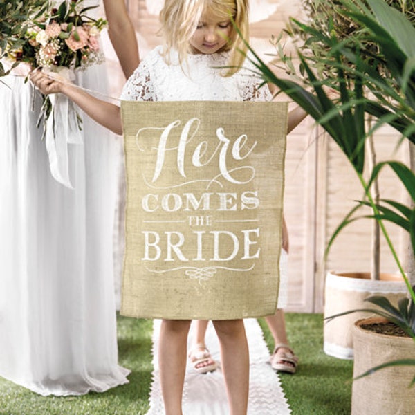 Here Comes The Bride Banner, Wedding aisle  Sign, Hessian bunting, rustic decorations, mrs to be, rustic wedding, botanics, bride, burlap