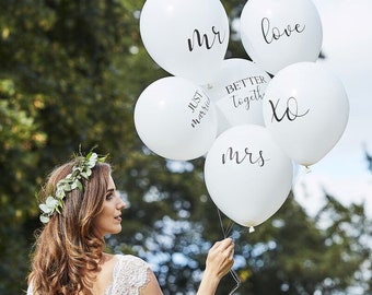 6 White Wedding Balloons, Party Balloons Bouquet, Mr Mrs Party Balloons, Wedding, Bachelorette, Love Xo, Botanical Wedding Greenery