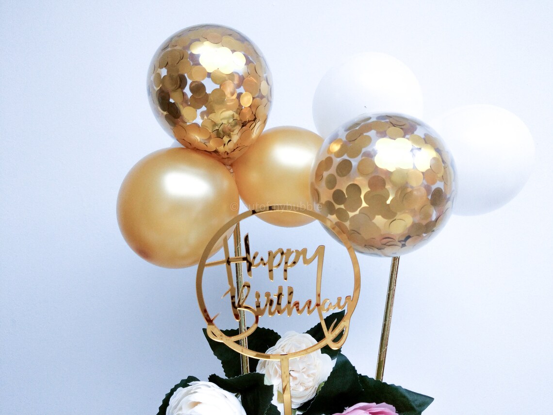Gold Balloon Cake Topper Confetti Bachelorette Happy Birthday Acrylic ...