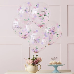 Thé de l'après-midi avec ballons confettis floraux, décorations de fête de joyeux anniversaire, fête de 1er anniversaire de fille, décoration cadeau bouquet de fête