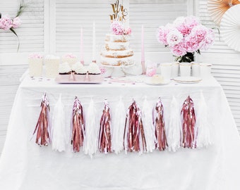 Oro rosa florete blanco tassle pañuelo guirnalda, boda, cumpleaños comprometido, decoración, estandarte, despedida de gallina novia para ser cola