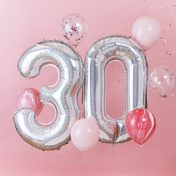 30th Birthday Balloon Bundle, Happy Birthday Balloons, Marble Balloons, Silver Balloons, Party Decor, 30 Years Irradiscent Age Number