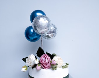 Mini Balloon Cake Topper Happy Birthday Party Decorations Arch Garland Chrome Blue Silver Confetti Straw