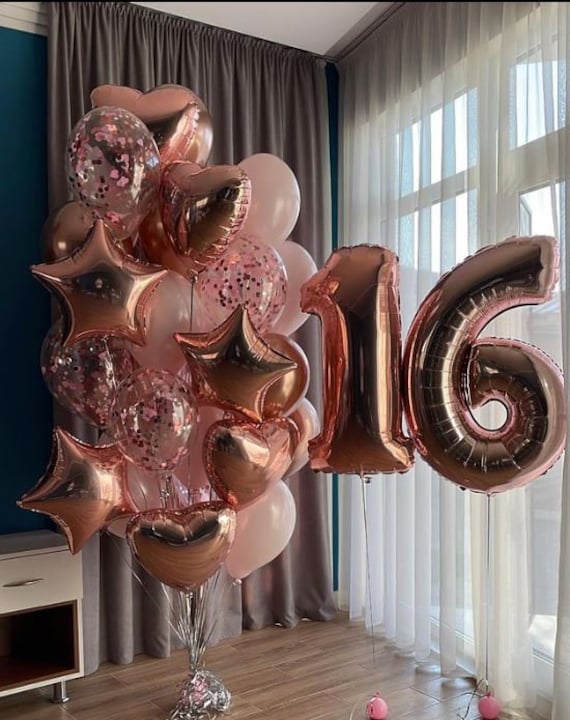 Rose et or rose - Bouquet de ballons confettis d'anniversaire