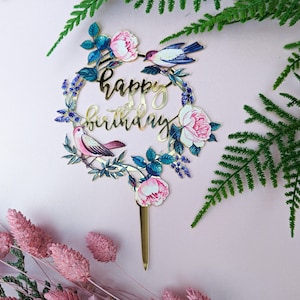 Happy Birthday Gold Cake Topper Acrylic Party Decorations Girls Gift Blue Eucalyptus Flowers Sage Birds Botanical
