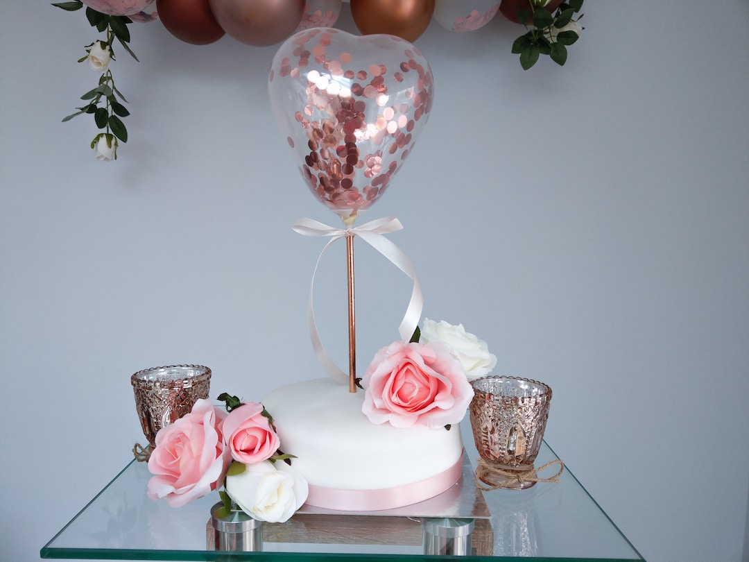 Balloon Cake Topper Hearts Rose Gold Confetti Happy Birthday Engagement ...