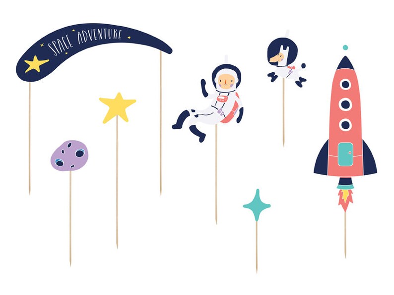 May include: A set of six space-themed cake toppers. The toppers feature a rocket, an astronaut, a star, a moon, a llama, and a banner that says "Space Adventure".