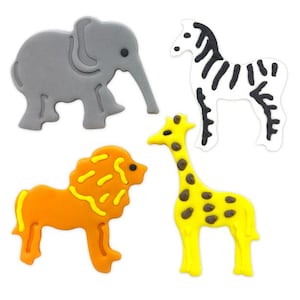 Adornos para tartas de azúcar con forma de animales de la jungla, surtido de 4 decoraciones para panadería, safari, jirafa, cebra, elefante y león